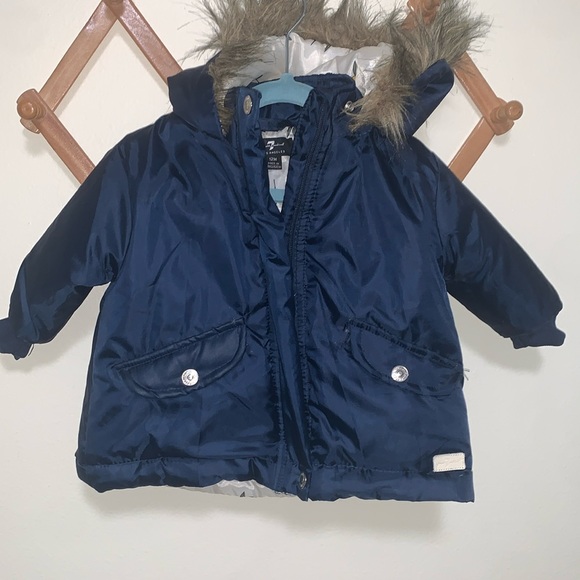 7 for all Mankind baby girl puffer jacket zip up 12 months baby fur hood - Picture 1 of 8